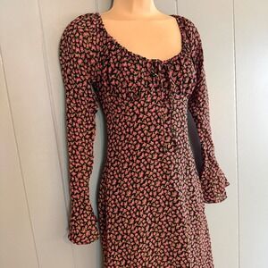 Vtg 90s Moda International Pink Floral Maxi Milkmaid Dress 4 Black Flare Sleeve